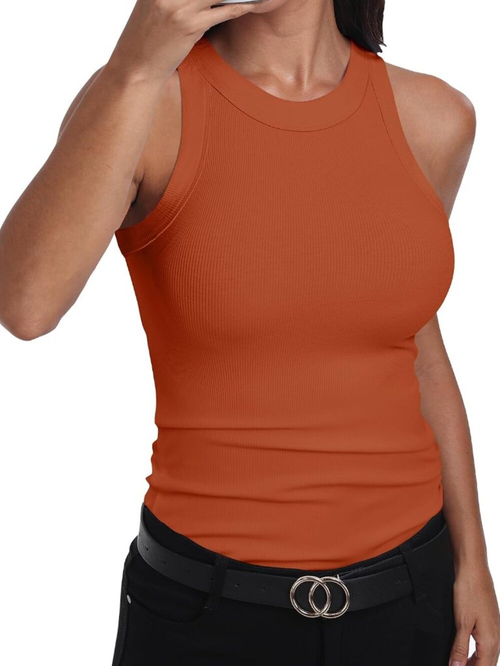 Womens Sleeveless Racerback High Neck Casual Basic Cotton Ribbed Fitted Tank Top